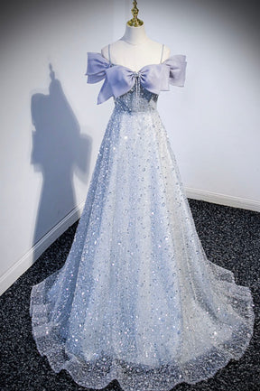 Gray Tulle Beaded Long Prom Dress, Off the Shoulder Evening Dress with Bow