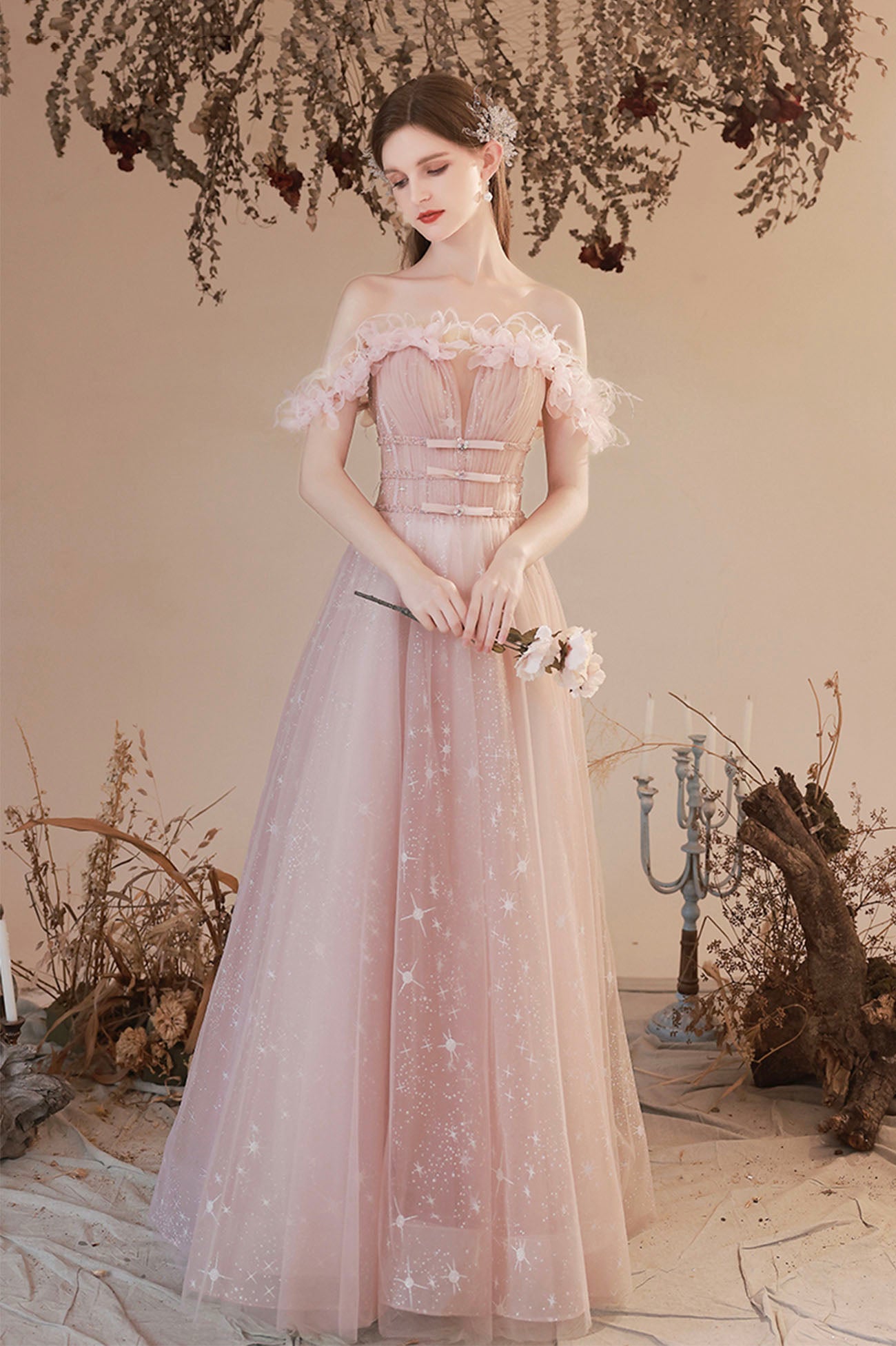 Pink Off the Shoulder Tulle Prom Dress, Pink Long Formal Dress
