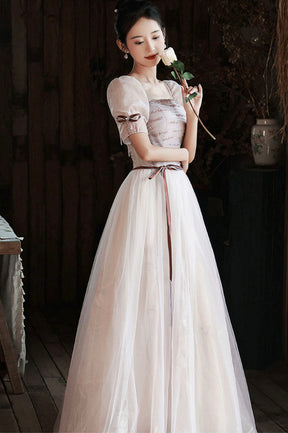 Lovely Tulle Sequins Long Prom Dress, A-Line Short Sleeve Evening Dress