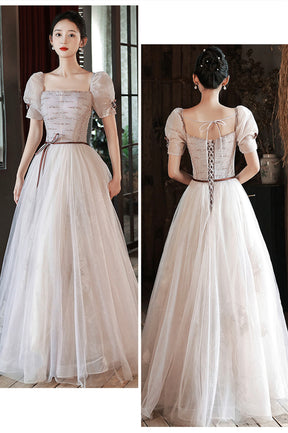 Lovely Tulle Sequins Long Prom Dress, A-Line Short Sleeve Evening Dress