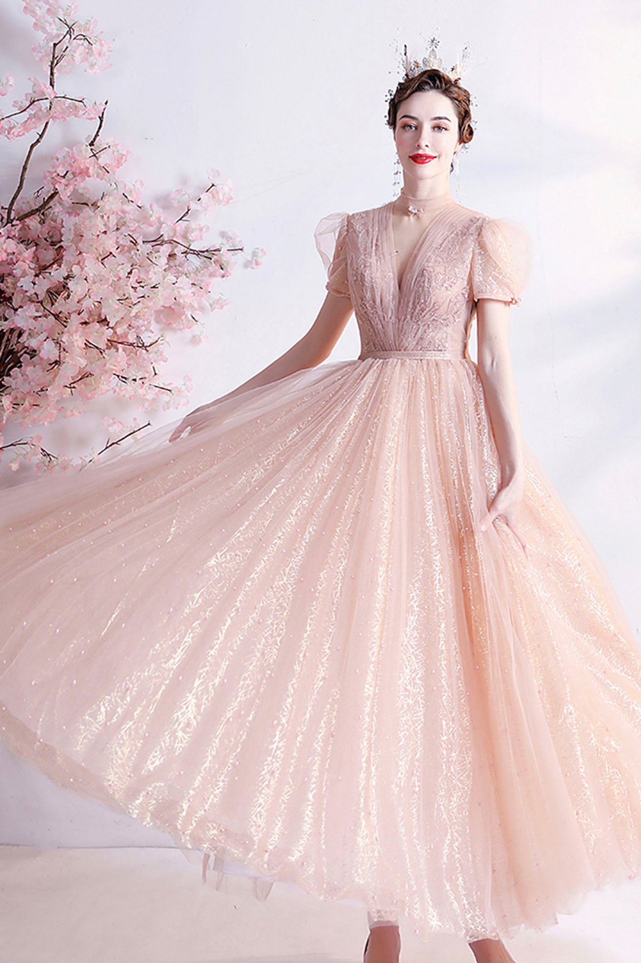 Pink Tulle Beaded Tea Length Prom Dress, A-Line Evening Party Dress