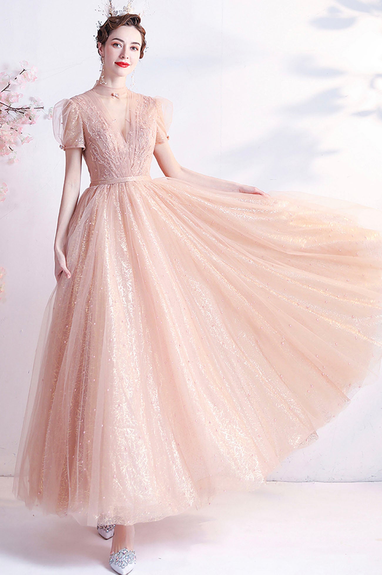 Pink Tulle Beaded Tea Length Prom Dress, A-Line Evening Party Dress