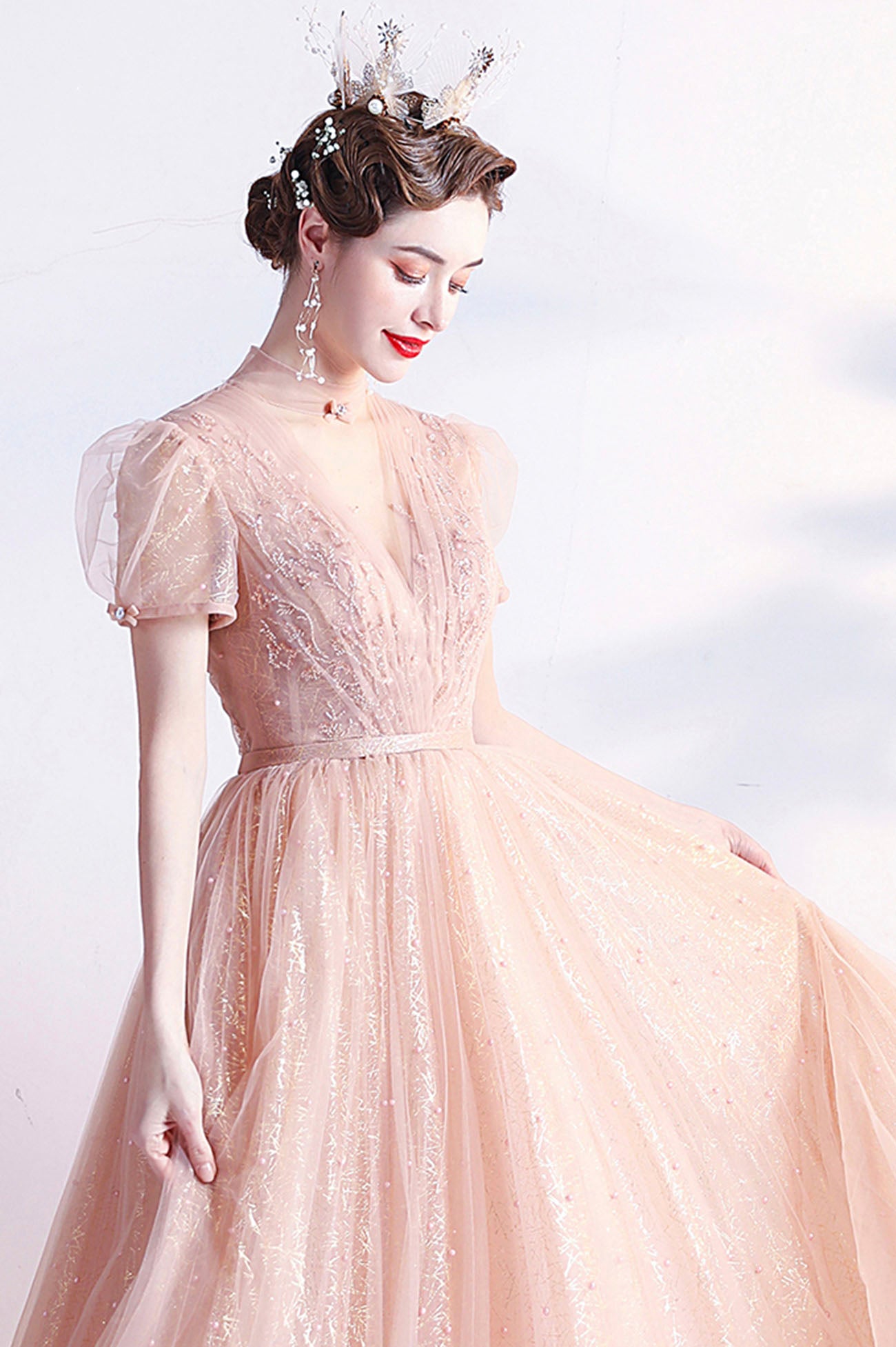 Pink Tulle Beaded Tea Length Prom Dress, A-Line Evening Party Dress Pink Tulle Beaded Tea Length Prom Dress, A-Line Evening Party Dress