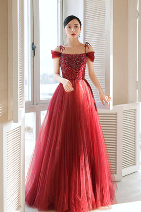 Burgundy Tulle Beaded Long Formal Dress,  Spaghetti Straps A-line Prom Dress