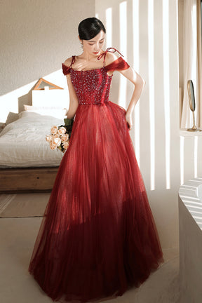 Burgundy Tulle Beaded Long Formal Dress,  Spaghetti Straps A-line Prom Dress