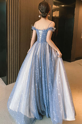 Blue Tulle Long Prom Dress, A-Line Spaghetti Strap Graduation Party Dr Blue Tulle Long Prom Dress, A-Line Spaghetti Strap Graduation Party Dr