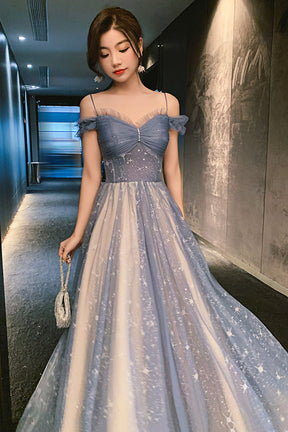 Blue Tulle Long Prom Dress, A-Line Spaghetti Strap Graduation Party Dress