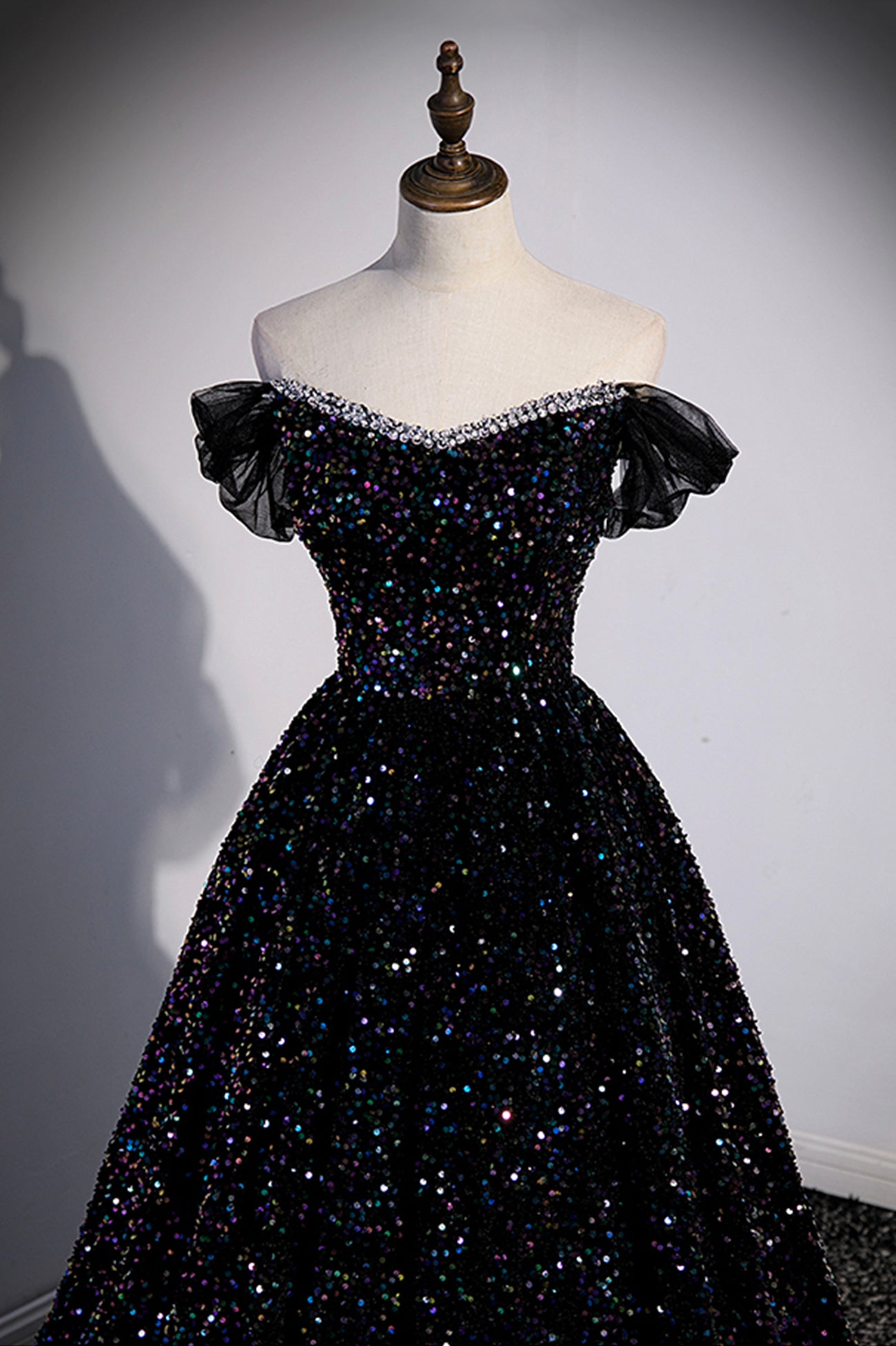 Black Off the Shoulder Beaded Long Formal Dress, Black Shiny Sequins E Black Off the Shoulder Beaded Long Formal Dress, Black Shiny Sequins E
