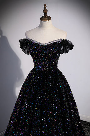 Black Off the Shoulder Beaded Long Formal Dress, Black Shiny Sequins Evening Dress