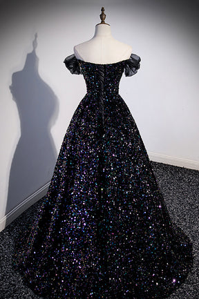 Black Off the Shoulder Beaded Long Formal Dress, Black Shiny Sequins Evening Dress
