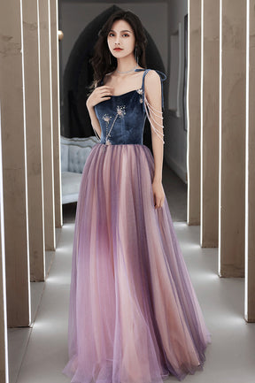 Cute Spaghetti Strap Tulle Long Prom Dress, A-Line Evening Party Dress