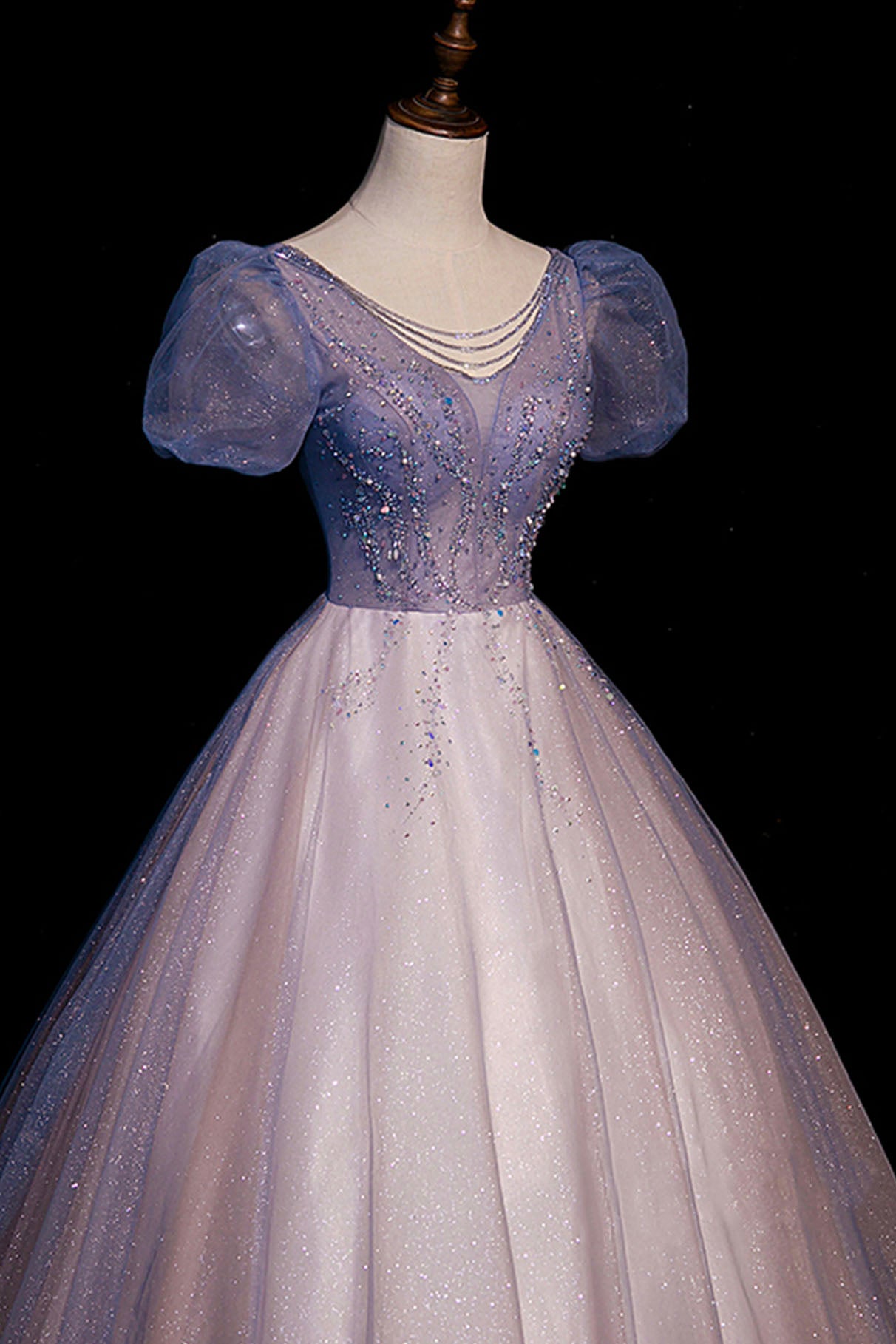 A-Line Tulle Long Prom Dress with Beaded, Blue Short Sleeve Evening Dr