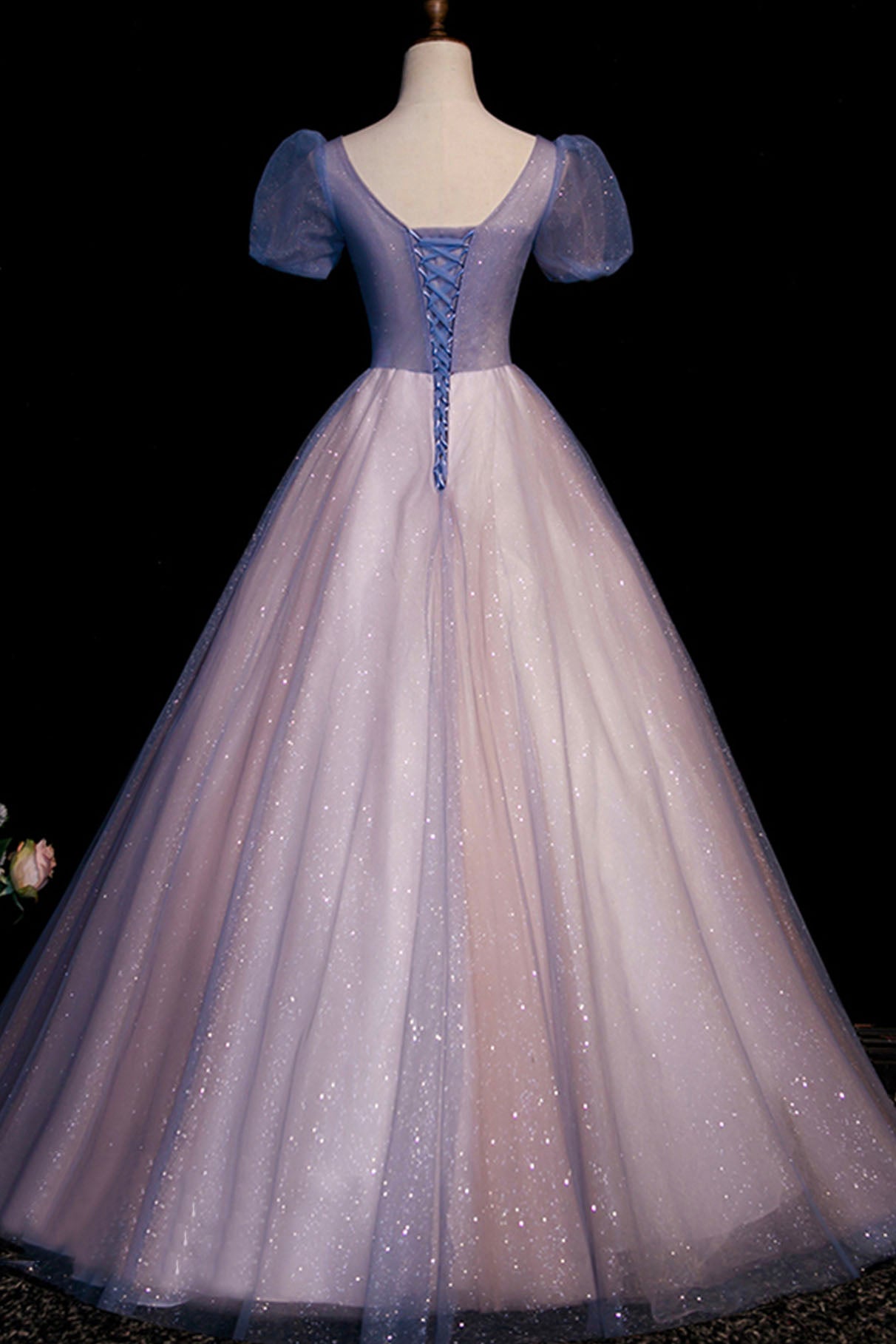 A-Line Tulle Long Prom Dress with Beaded, Blue Short Sleeve Evening Dr