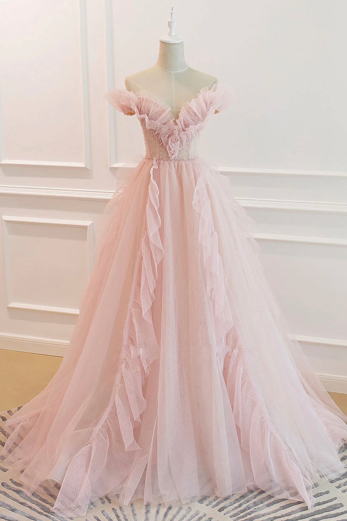 Pink V-Neck Tulle Long Prom Dress, Off the Shoulder Evening Graduation Dress