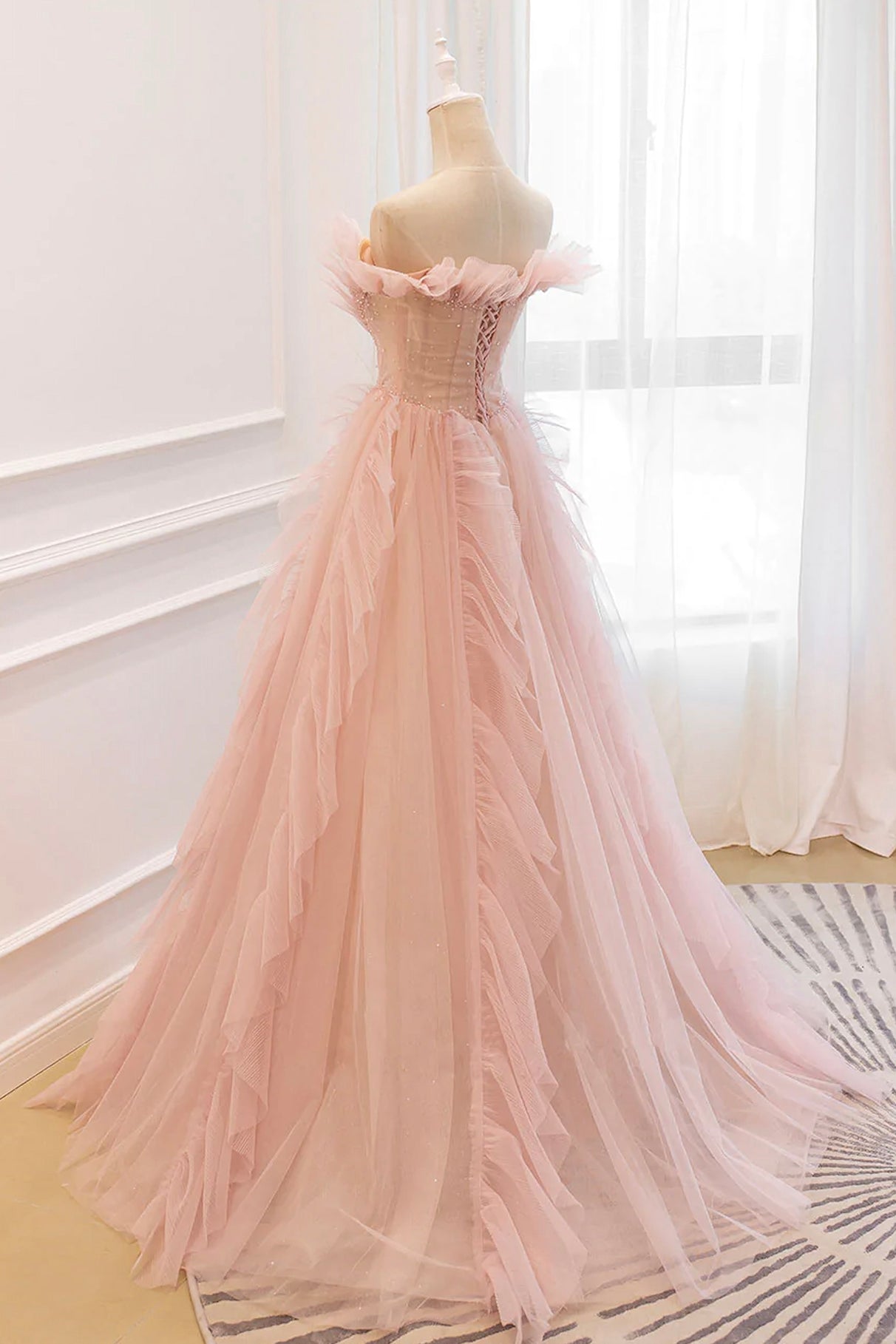 Pink V-Neck Tulle Long Prom Dress, Off the Shoulder Evening Graduation Dress