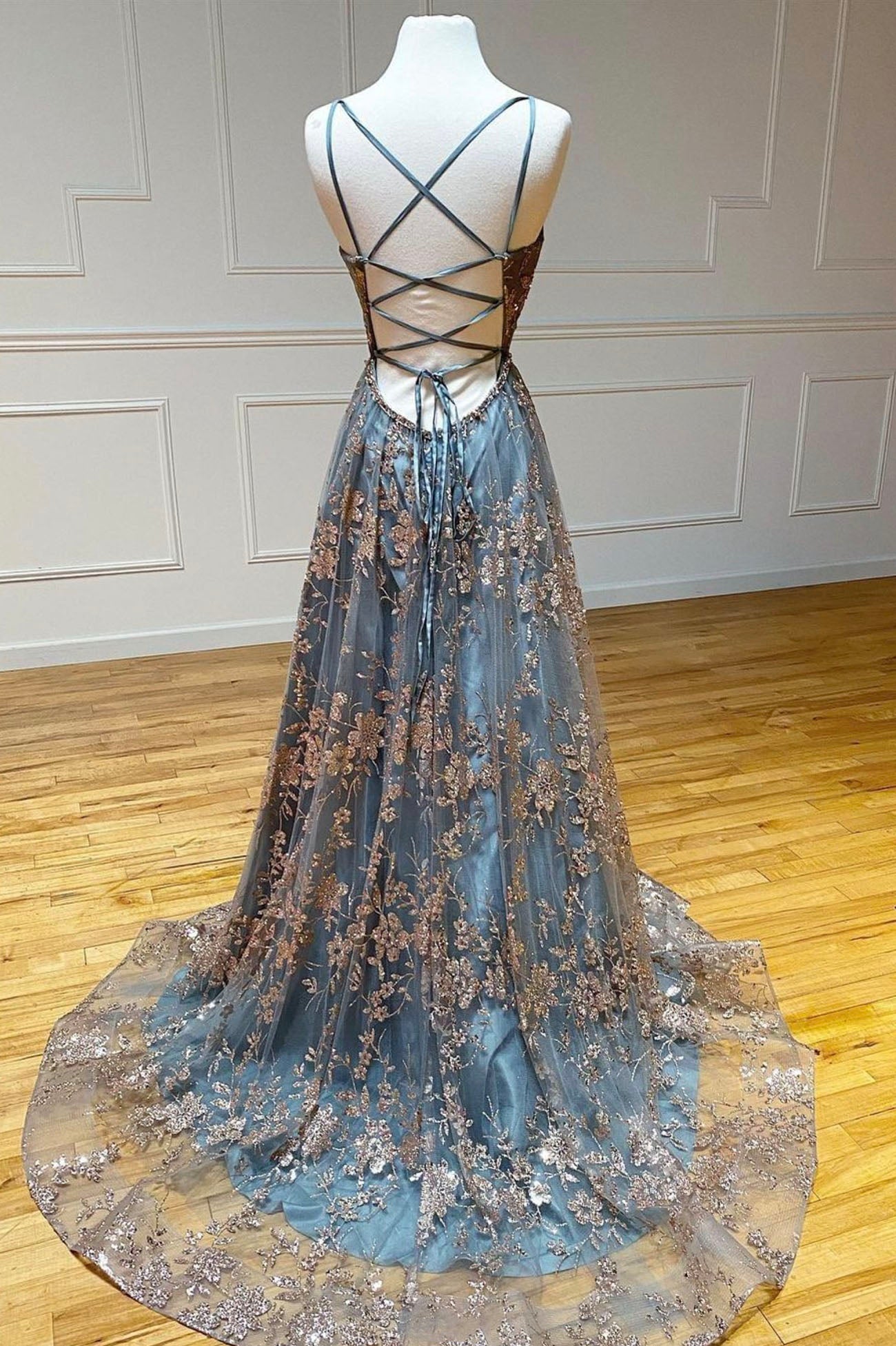 A-Line Tulle Sequins Long Prom Dress, V-Neck Backless Evening Dress
