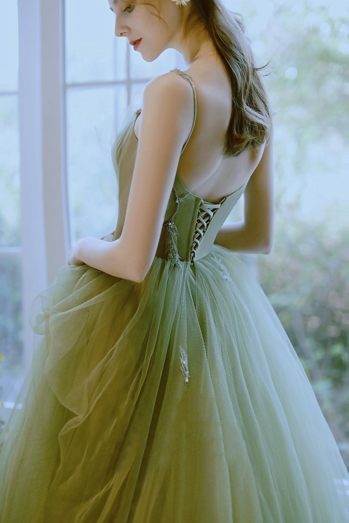 Viniodress Bright Pink Tulle Prom Dress with Pockets Green Leaves Maxi Dress SD1439 Pink / US4