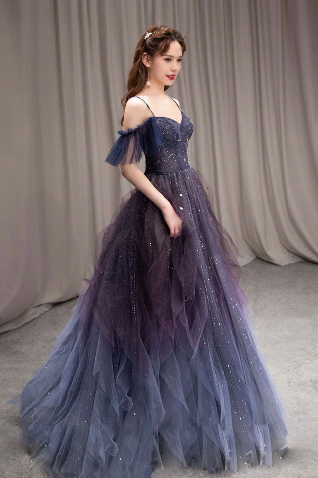 Purple Spaghetti Strap Gradient Tulle Long Prom Dress, A-Line Evening Purple Spaghetti Strap Gradient Tulle Long Prom Dress, A-Line Evening