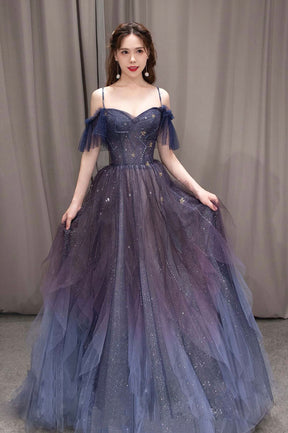 Purple Spaghetti Strap Gradient Tulle Long Prom Dress, A-Line Evening Party Dress