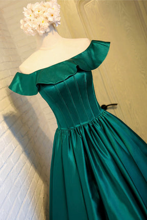 Green Satin Short Homecoming Dress, Cute Off the Shoulder Knee Length Green Satin Short Homecoming Dress, Cute Off the Shoulder Knee Length