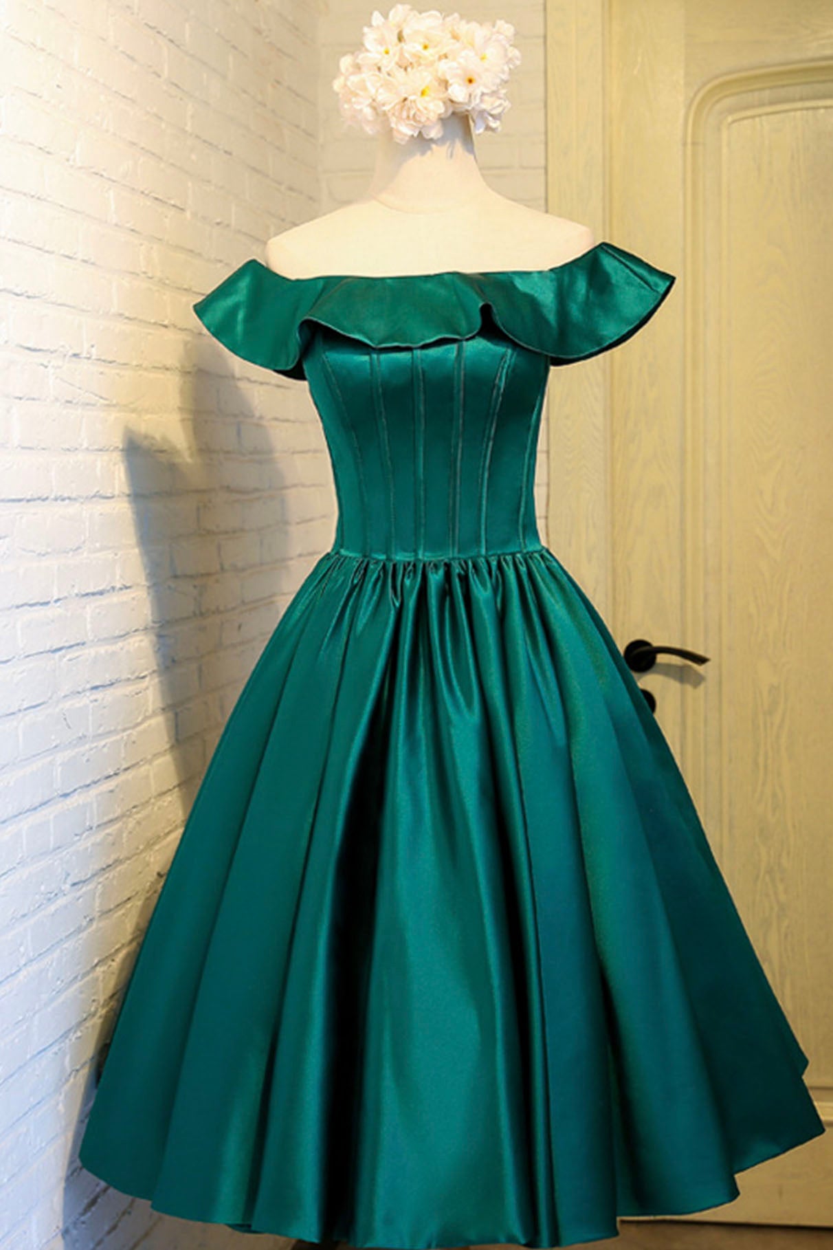 Green Satin Short Homecoming Dress, Cute Off the Shoulder Knee Length Green Satin Short Homecoming Dress, Cute Off the Shoulder Knee Length