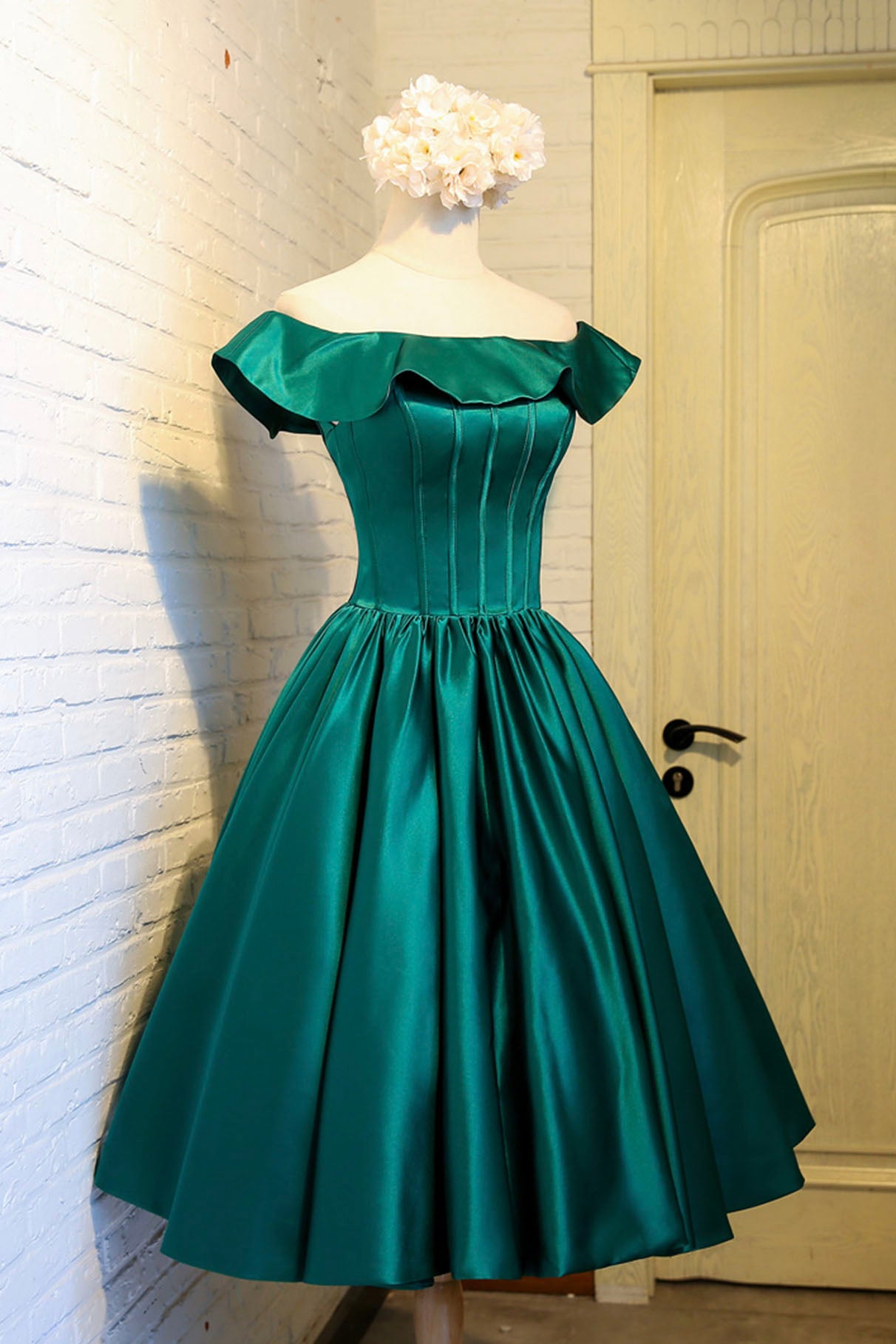 Green Satin Short Homecoming Dress, Cute Off the Shoulder Knee Length