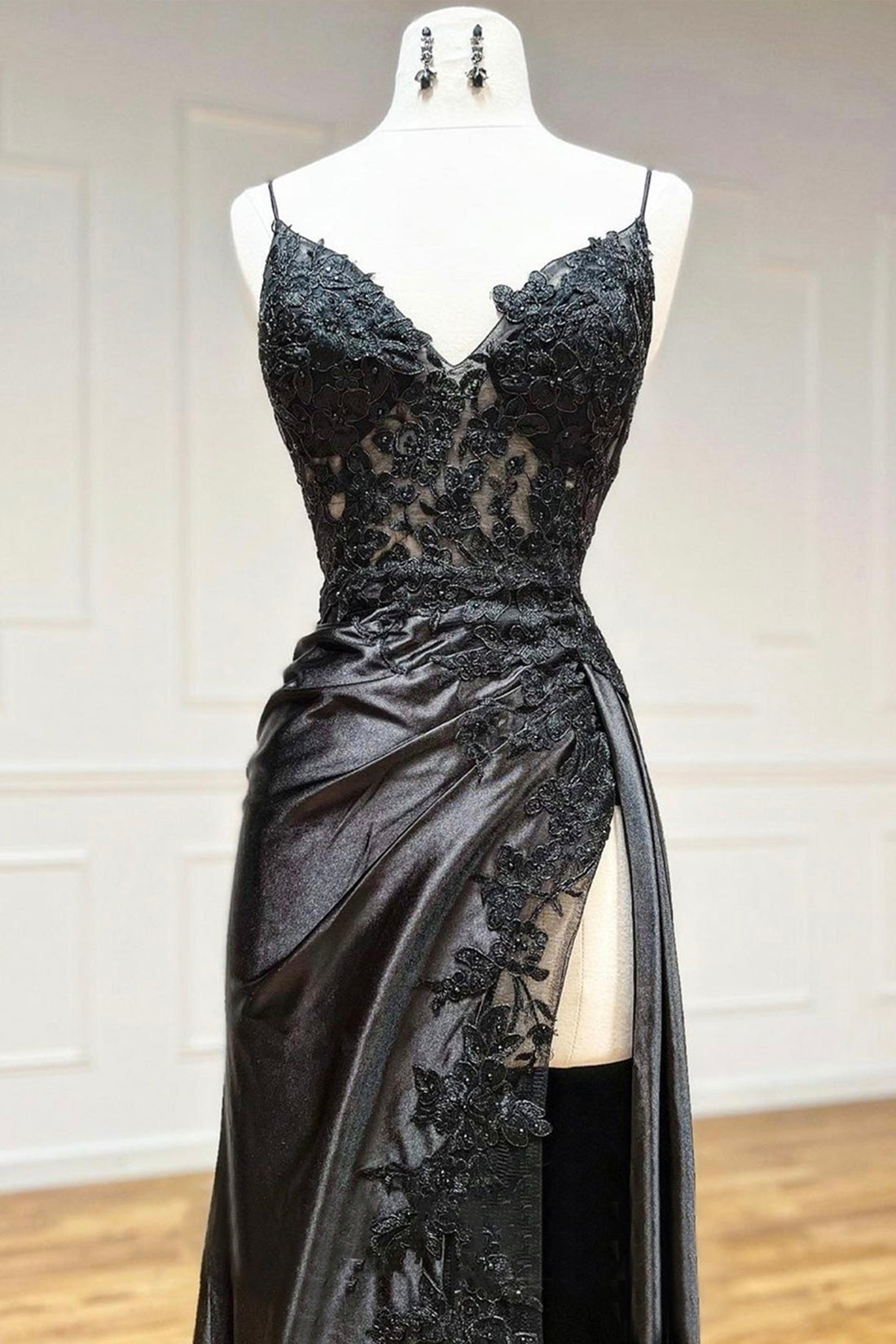 Black V-Neck Lace Long Formal Dress, Black Spaghetti Strap Evening Gown with Leg Slits