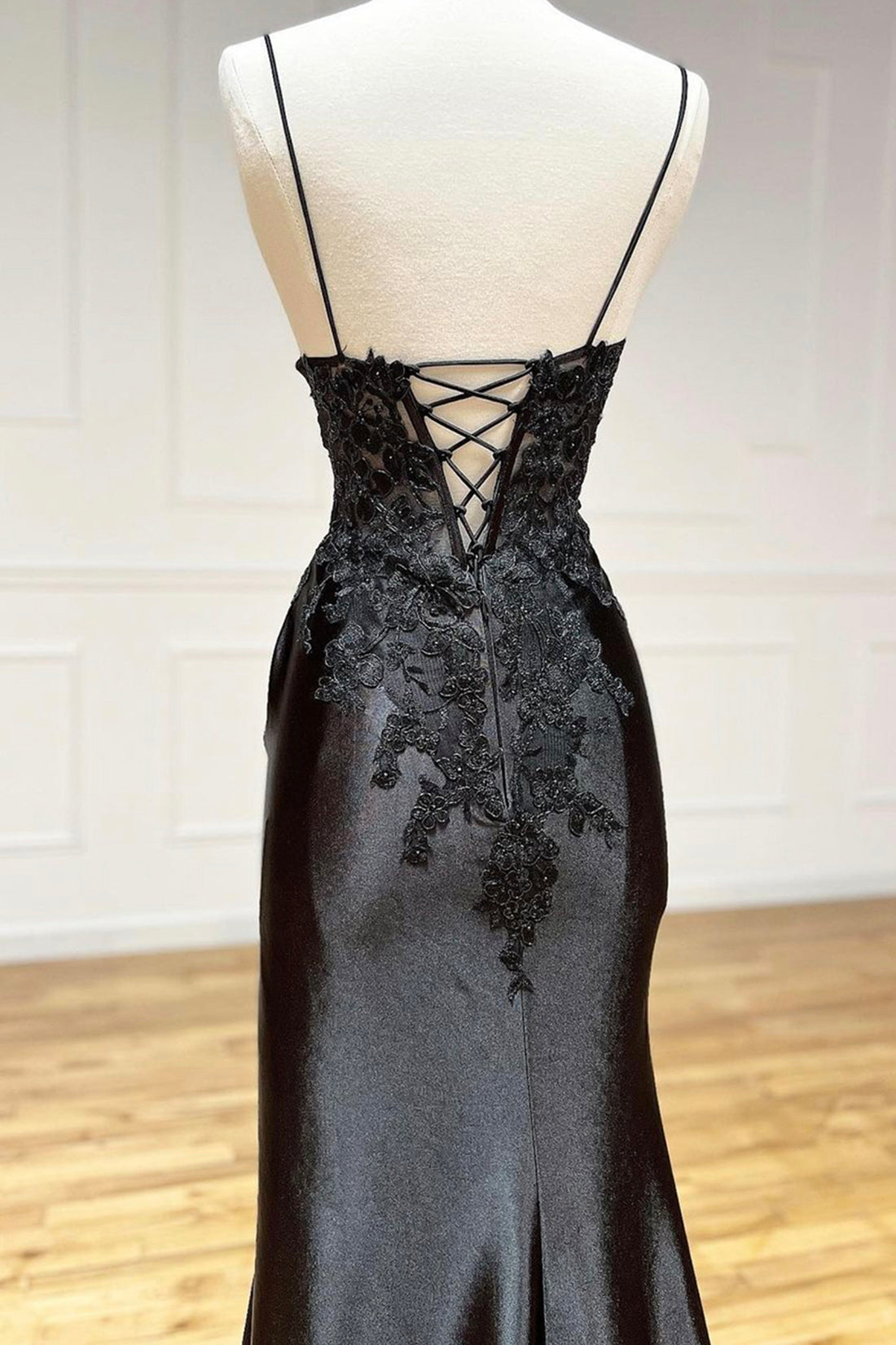 Black V-Neck Lace Long Formal Dress, Black Spaghetti Strap Evening Gown with Leg Slits