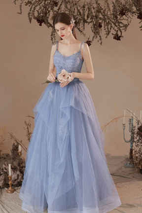 Blue Spaghetti Straps Lace Long Formal Dress, Blue A-Line Evening Party Dress