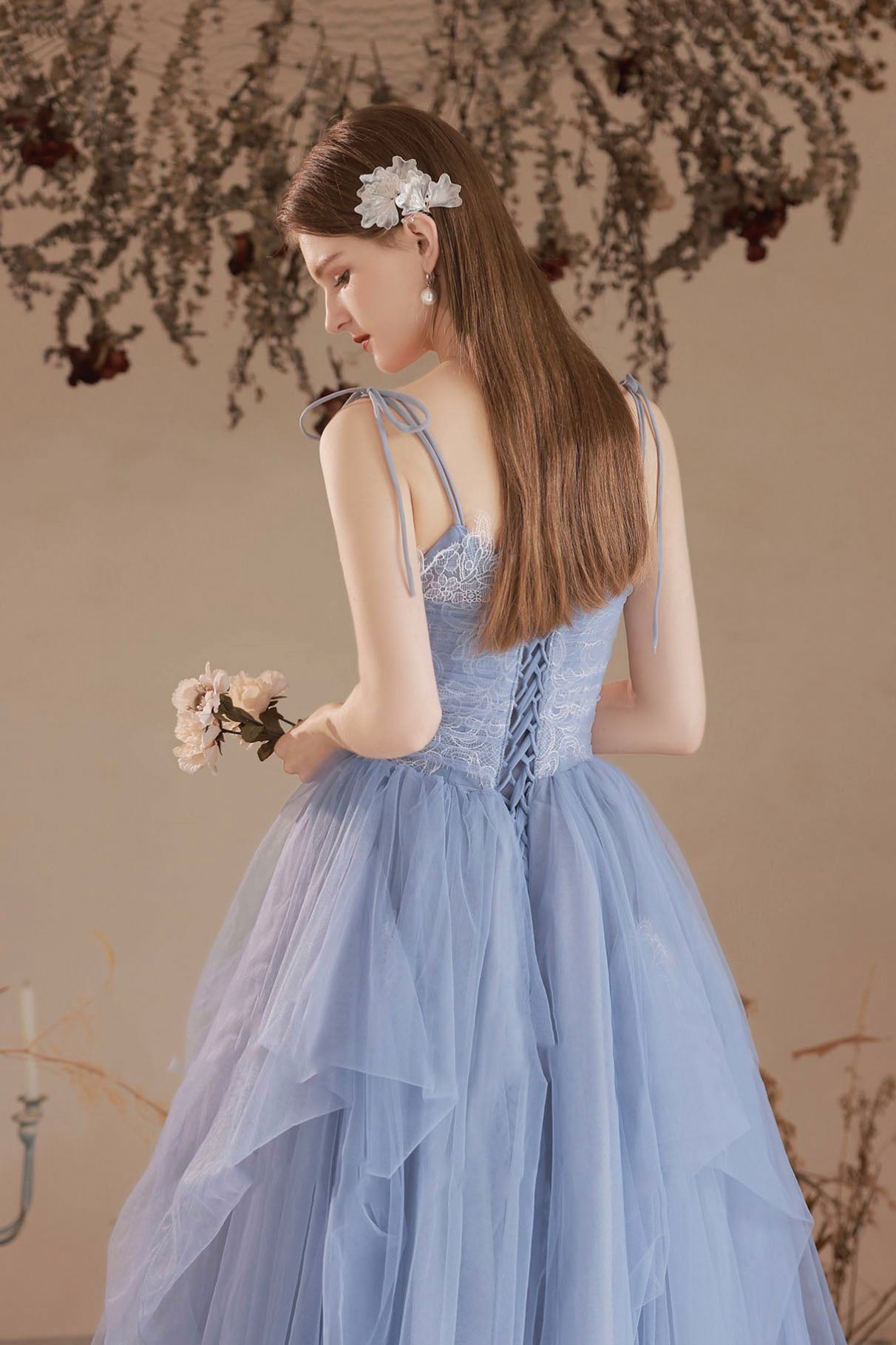 Blue Spaghetti Straps Lace Long Formal Dress, Blue A-Line Evening Party Dress