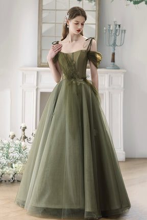 Green Spaghetti Strap Tulle Long Prom Dress, Cute A-Line Evening Dress Party Dress