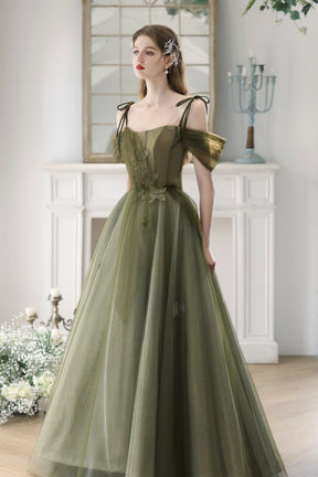 Green Spaghetti Strap Tulle Long Prom Dress, Cute A-Line Evening Dress Party Dress
