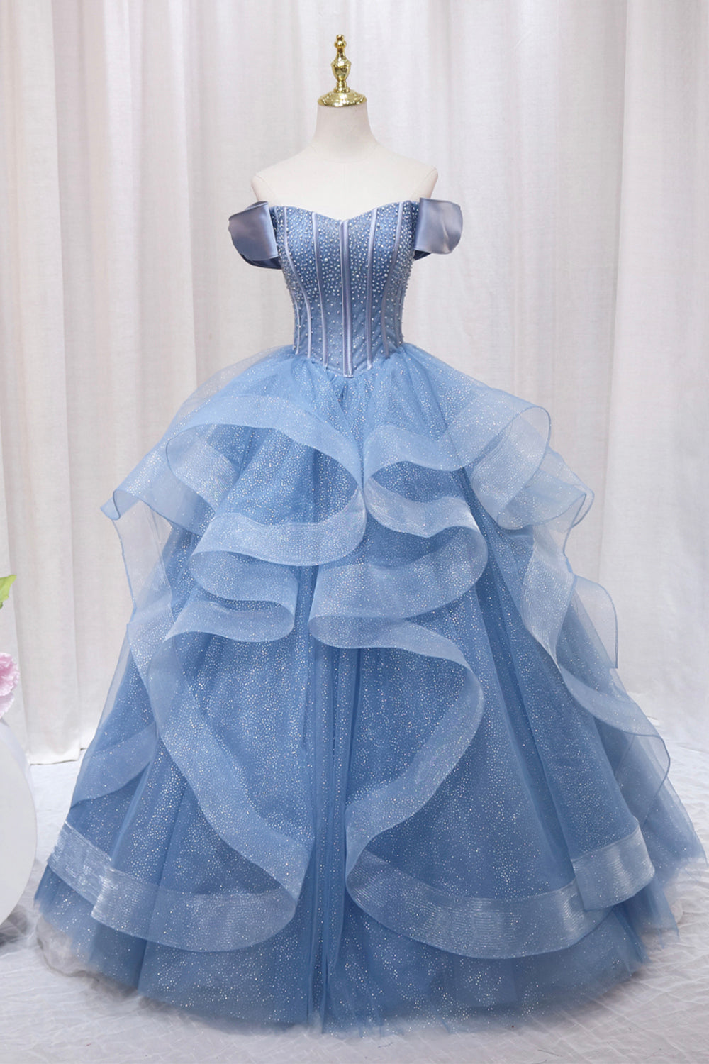 Blue Tulle Layers Long Prom Gown, A-Line Blue Evening Dress