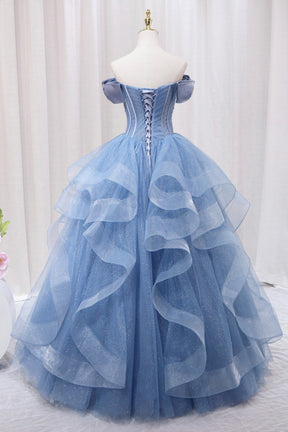 Blue Tulle Layers Long Prom Gown, A-Line Blue Evening Dress
