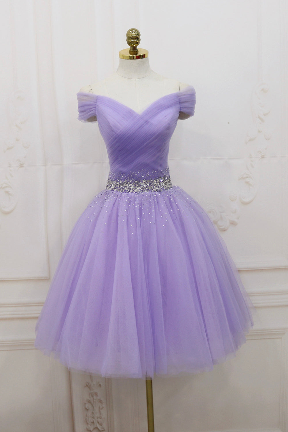 Purple Tulle Beaded Short Prom Dress, Off Shoulder Party Dress
