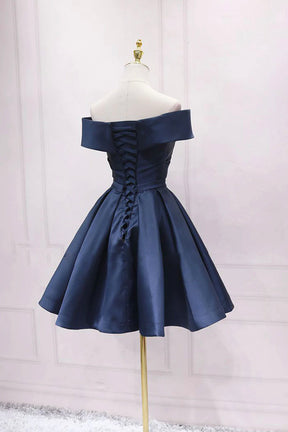 Simple Satin Short Prom Dress, Off Shoulder Blue Party Dress