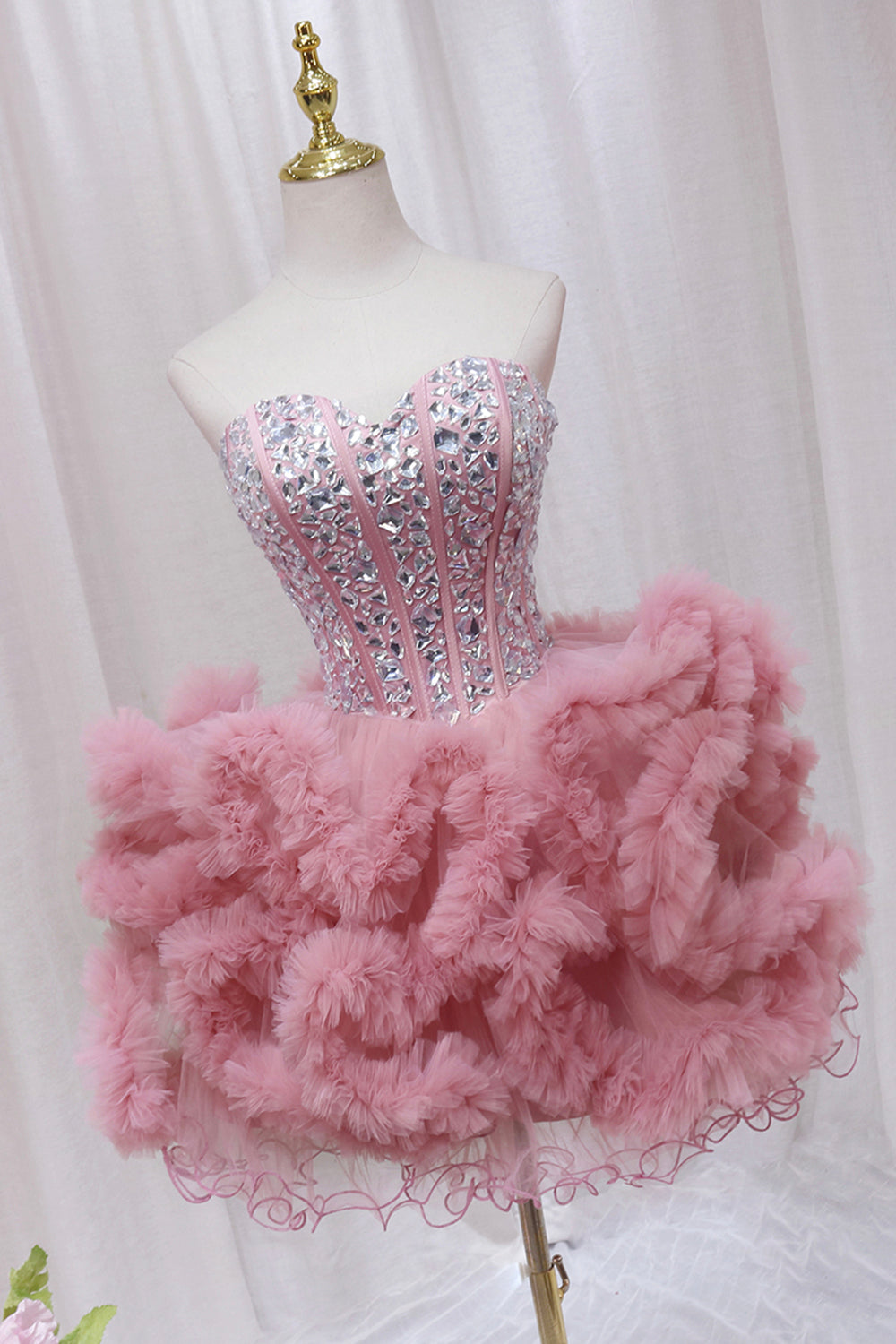 Pink Tulle Short Homecoming Dress with Rhinestones, Cute Party Dress Pink Tulle Short Homecoming Dress with Rhinestones, Cute Party Dress