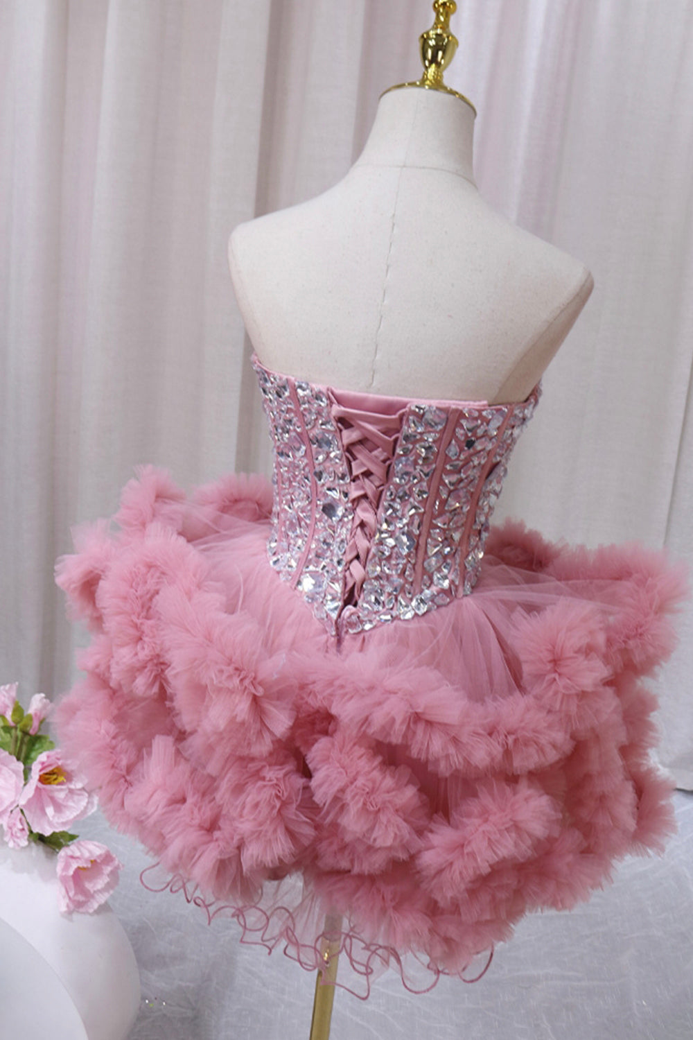 Pink Tulle Short Homecoming Dress with Rhinestones, Cute Party Dress