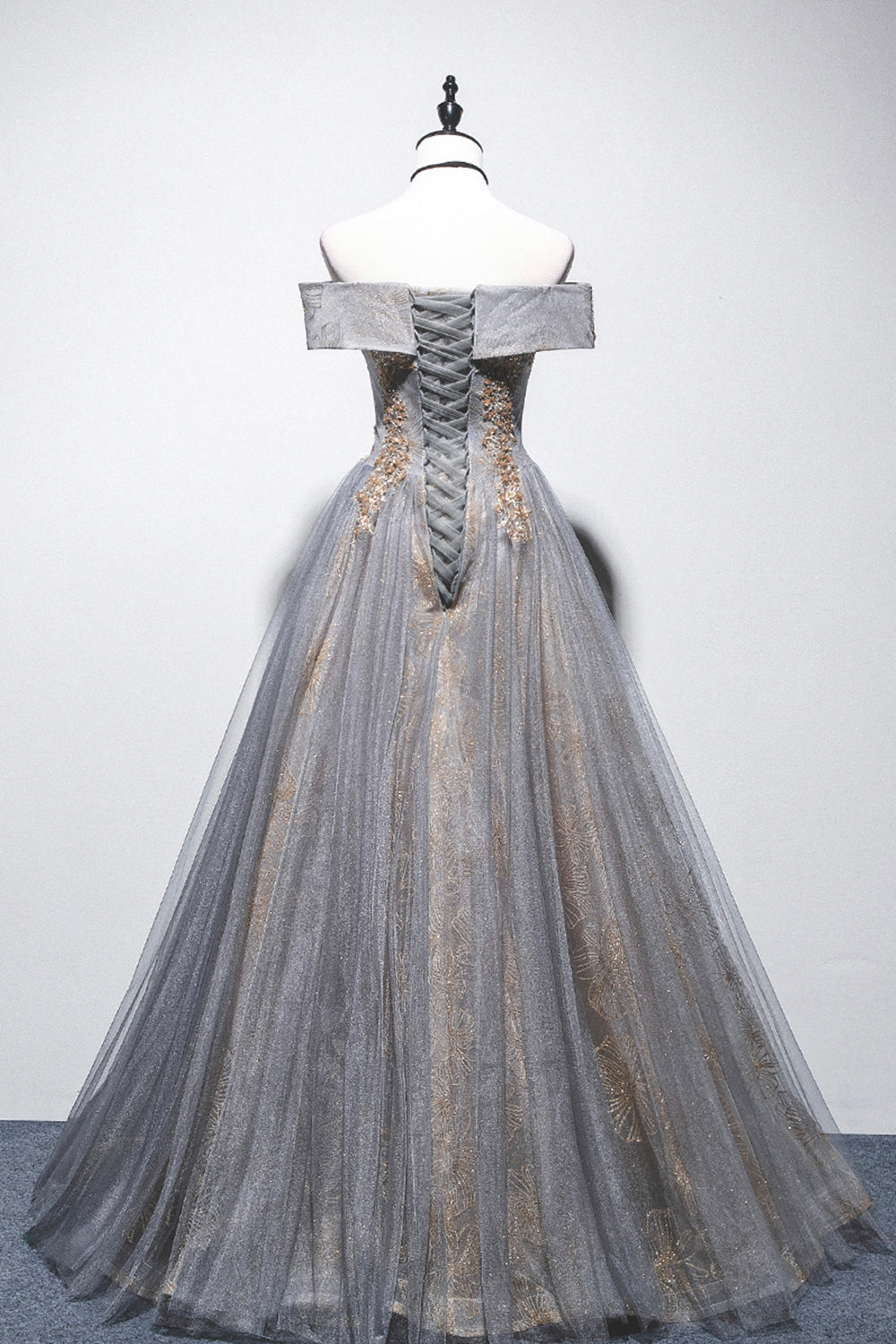 Gray Tulle Sequins Long Prom Dress, Off Shoulder Evening Dress