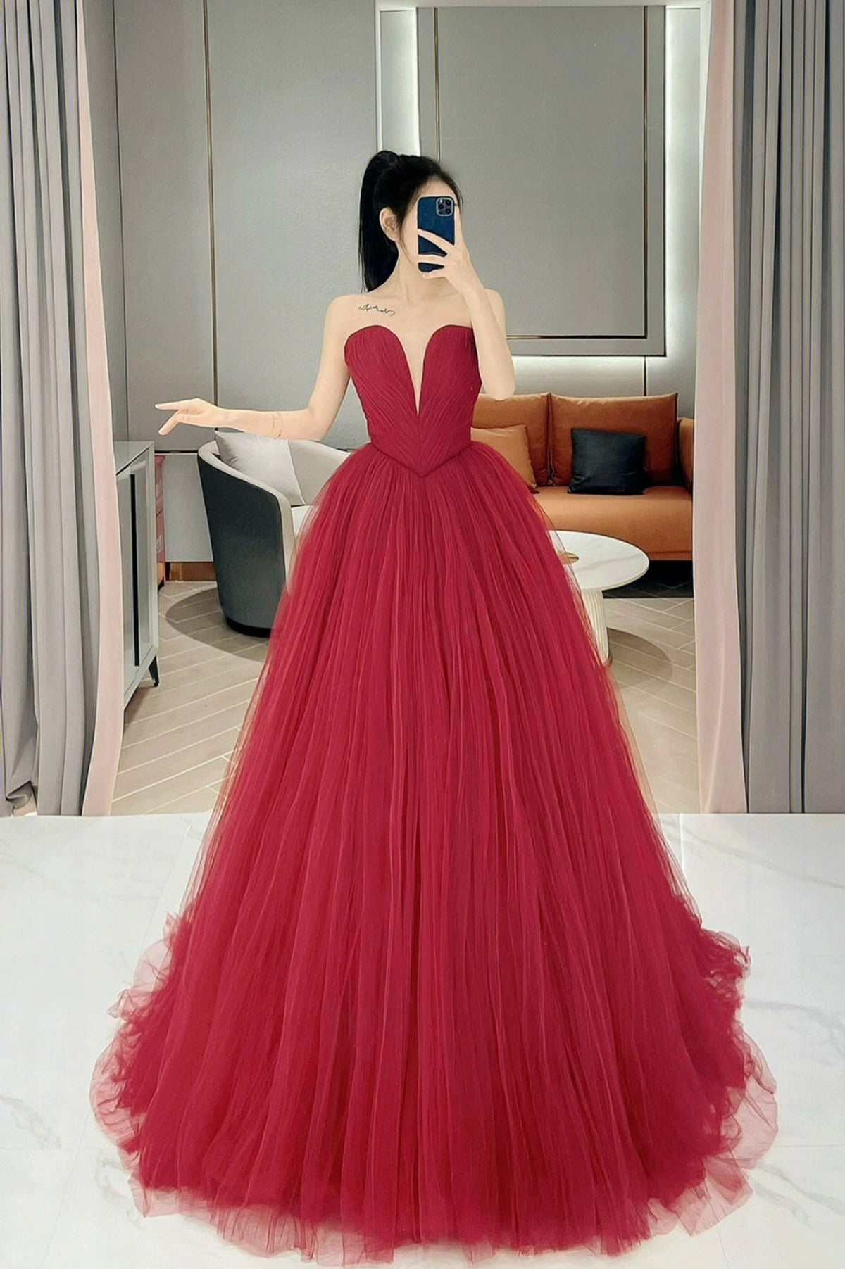 Strapless Red Tulle Prom Dress, A-Line Long Formal Evening Dress