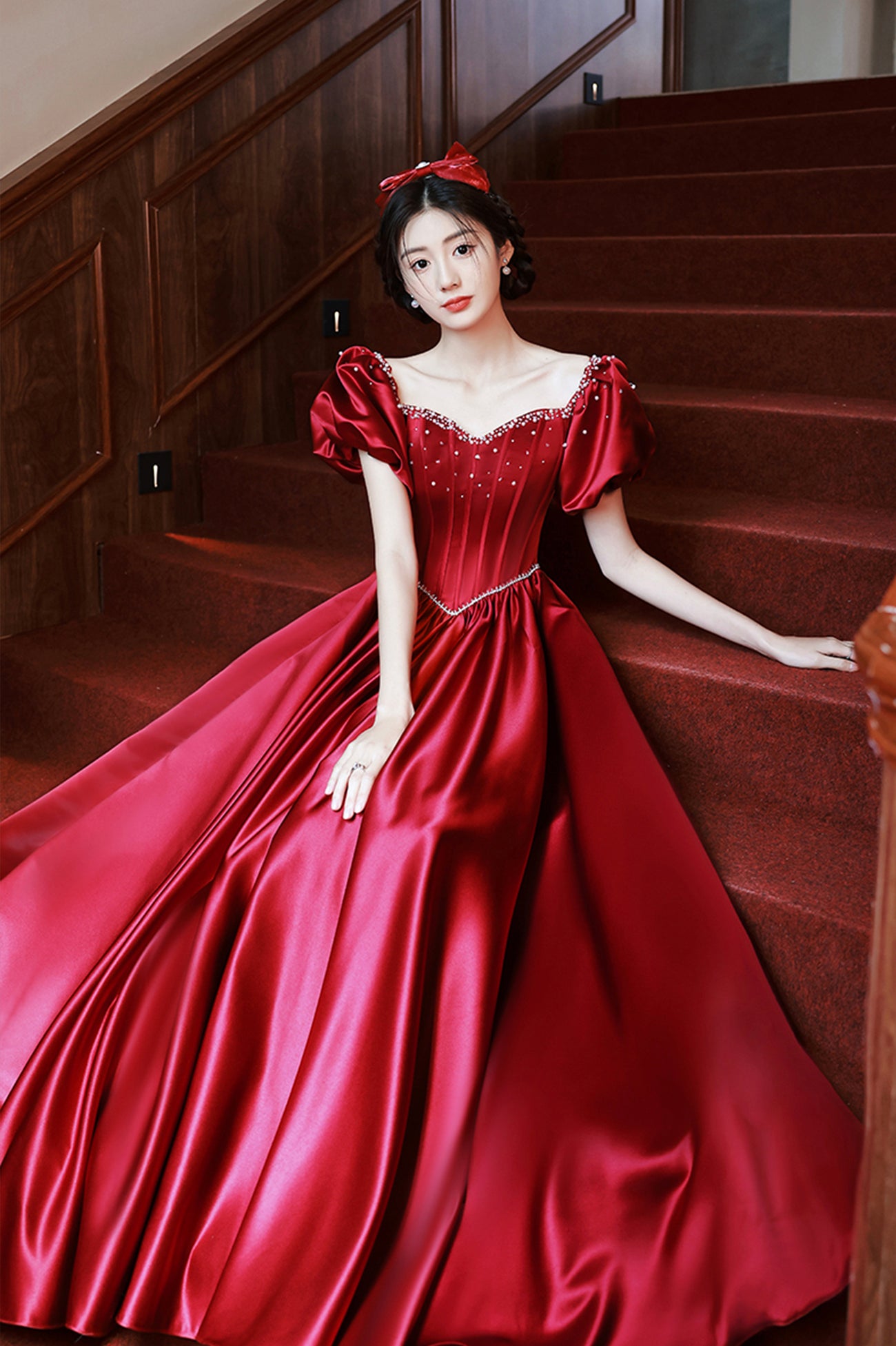 Burgundy Satin Short Sleeve Prom Dress, A-Line Graduation Dress Burgundy Satin Short Sleeve Prom Dress, A-Line Graduation Dress
