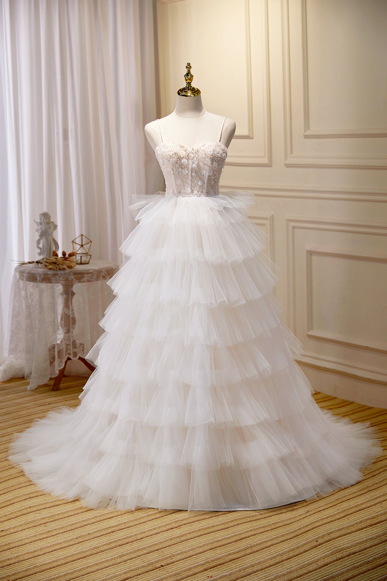 Champagne Sweetheart Layers Princess Dress, Spaghetti Straps Tulle Formal Gown
