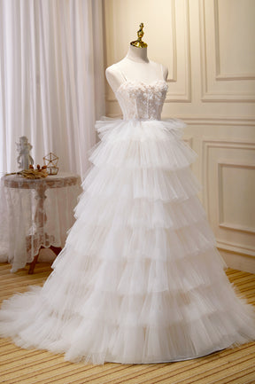 Champagne Sweetheart Layers Princess Dress, Spaghetti Straps Tulle Formal Gown