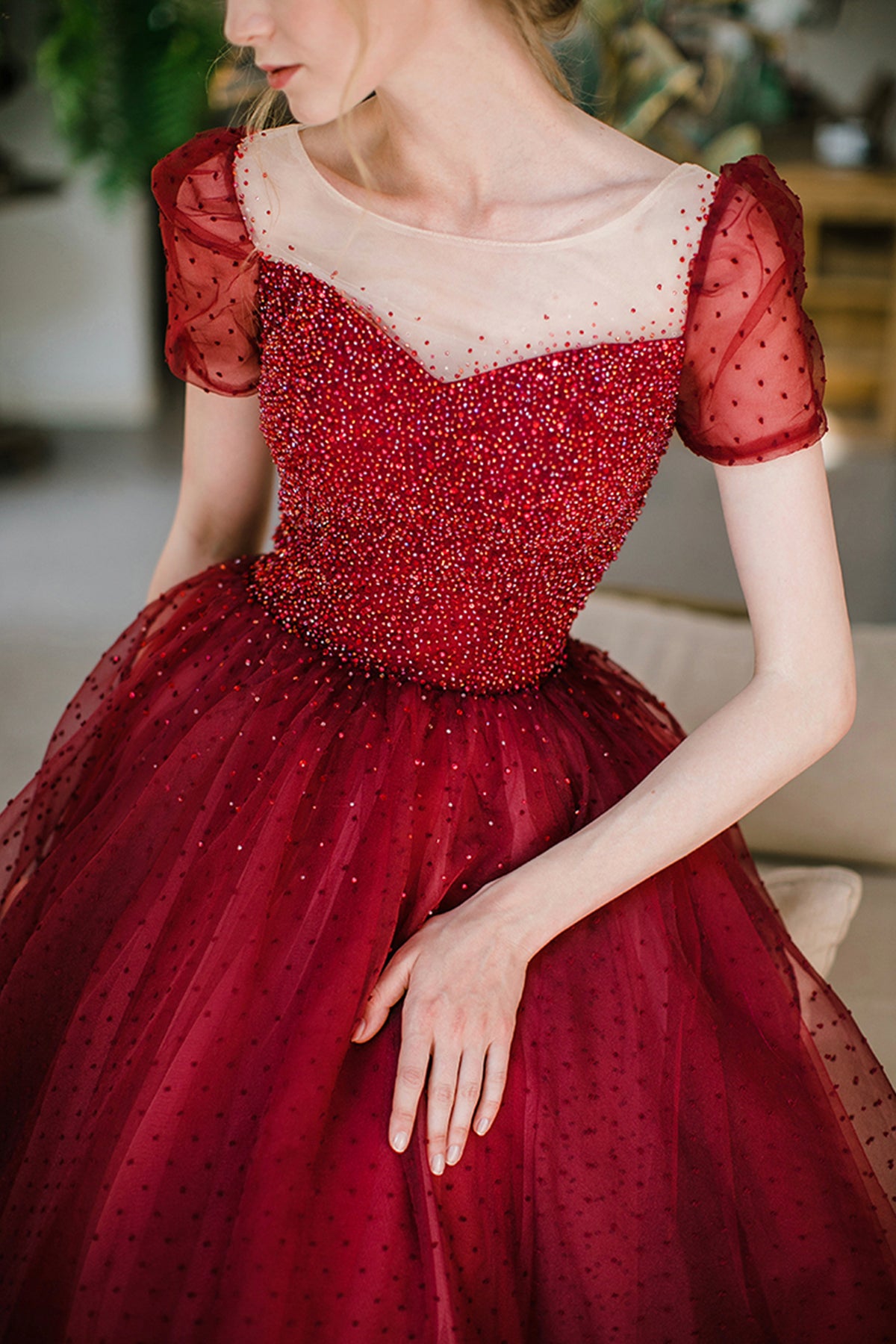 Burgundy Tulle Long Prom Dress with Sequins, A-Line Formal Evening Dress
