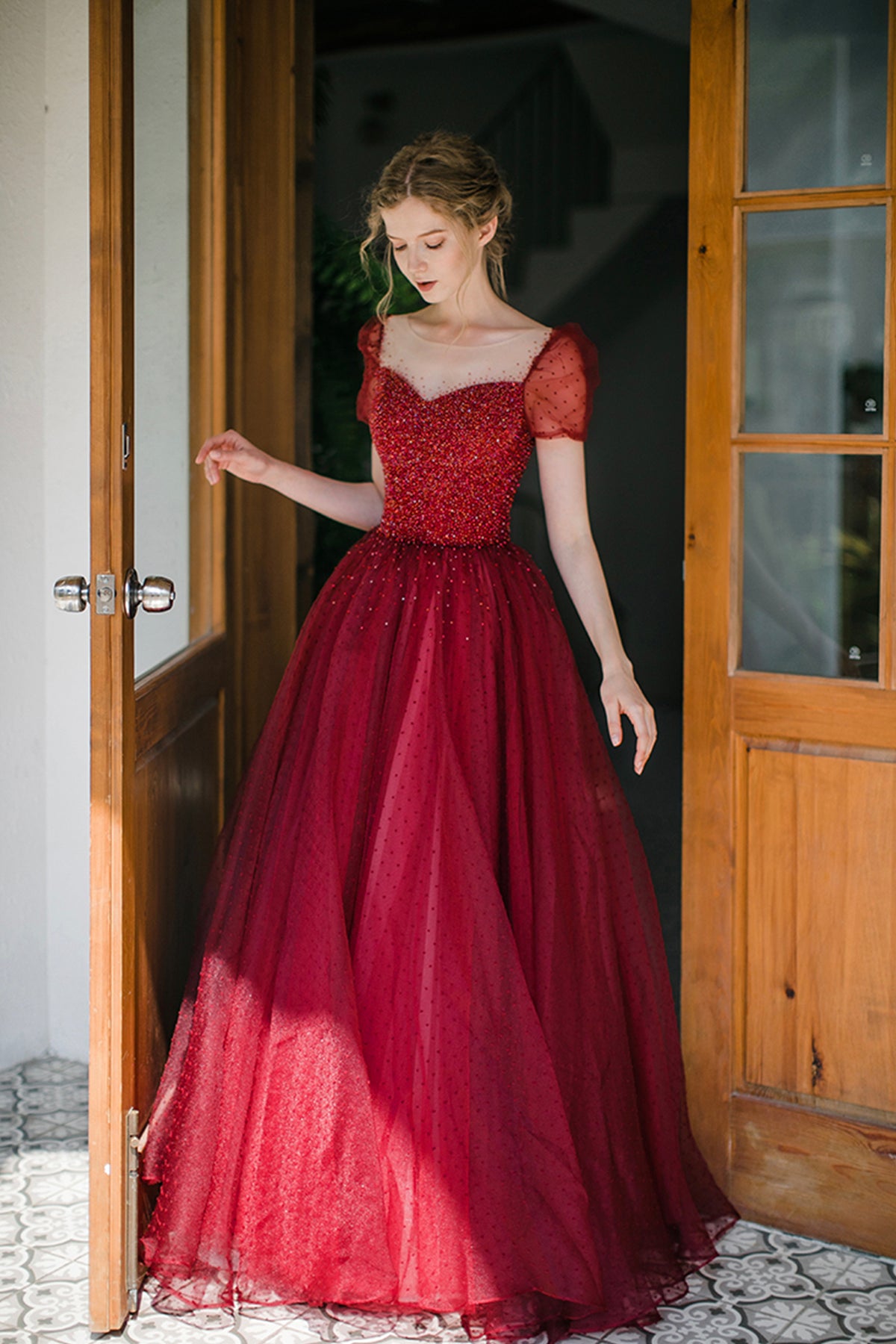 Burgundy Tulle Long Prom Dress with Sequins, A-Line Formal Evening Dress