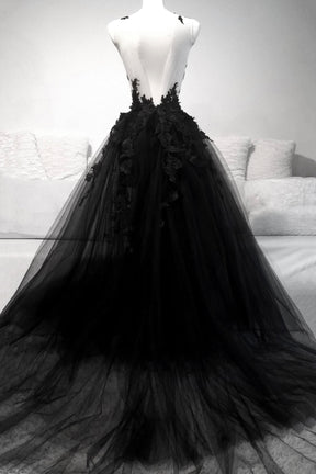 Black Tulle Lace Long A-Line Prom Dress, Black V-Neck Evening Dress