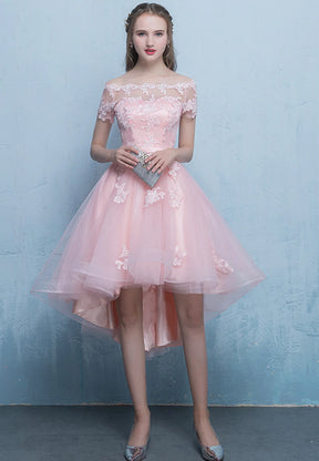 Pink Lace High Low Prom Dress, A-Line Off the Shoulder Party Dress