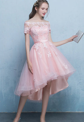 Pink Lace High Low Prom Dress, A-Line Off the Shoulder Party Dress