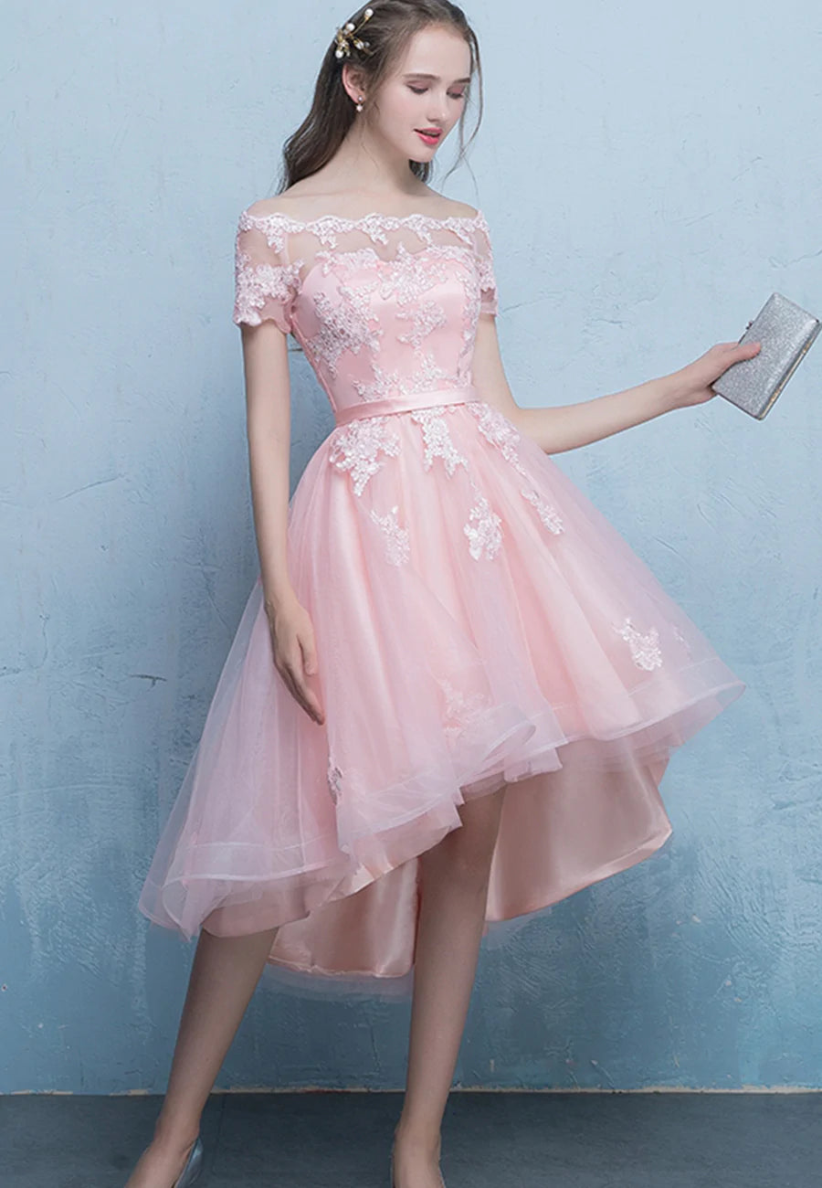 pink lace high low dress Pink Lace High Low Prom Dress Homecoming Dress