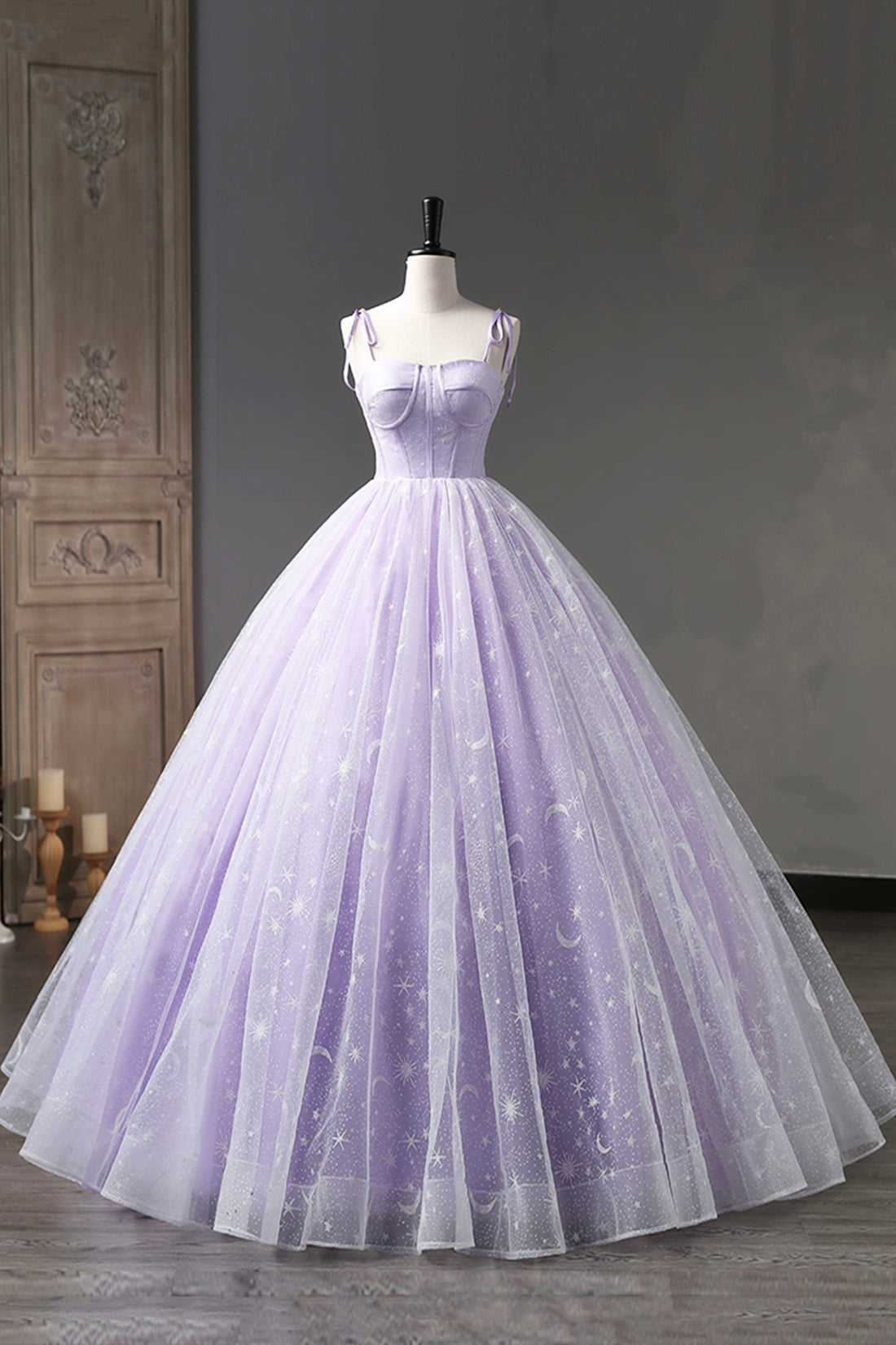 Lavender Tulle Straps Floor Length Evening Dress, Lavender A-Line Prom Lavender Tulle Straps Floor Length Evening Dress, Lavender A-Line Prom